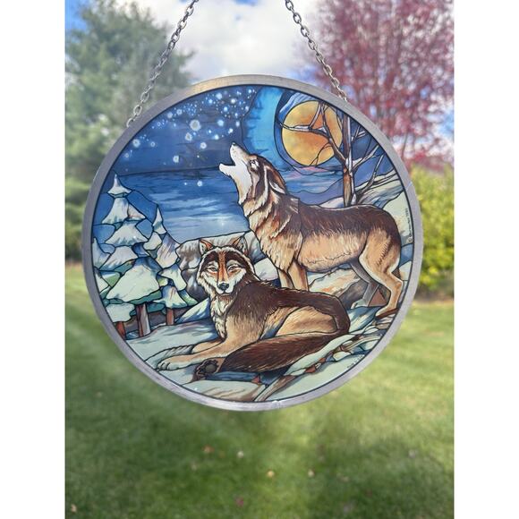 1990 Glassmasters Howling Wolves 8.75” Stained Glass Suncatcher – Made in USA - Picture 1 of 10